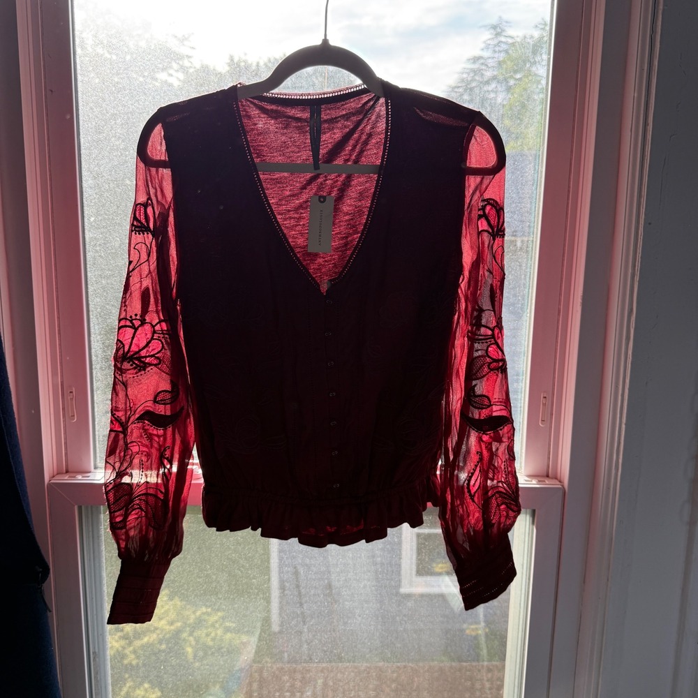 New Anthropologie XS Burgundy Embroidered Lace Long Sleeve Button Front Blouse